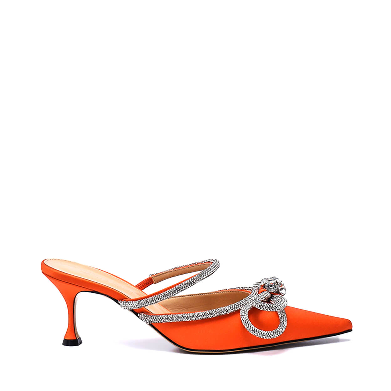 Mach & Mach - Orange Satin Crystal Embellished Double Bow Mules